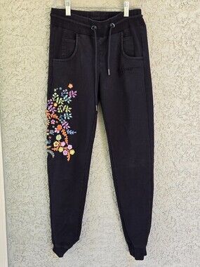 Embroidered Floral Black Joggers - Women's Track Pants